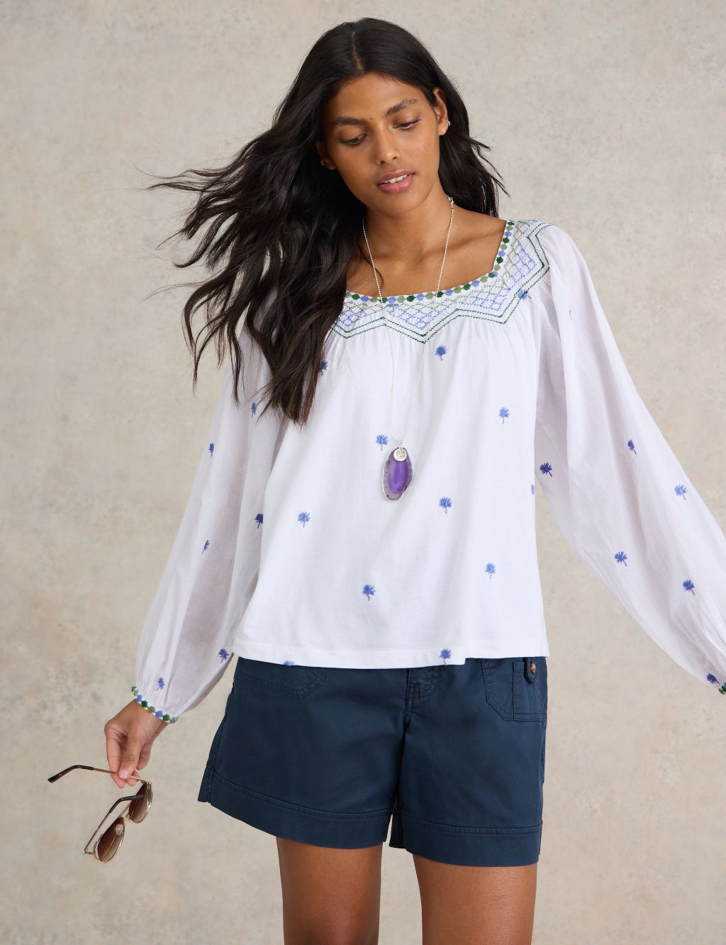 Cotton Modal Blend Embroidered Smocked Top