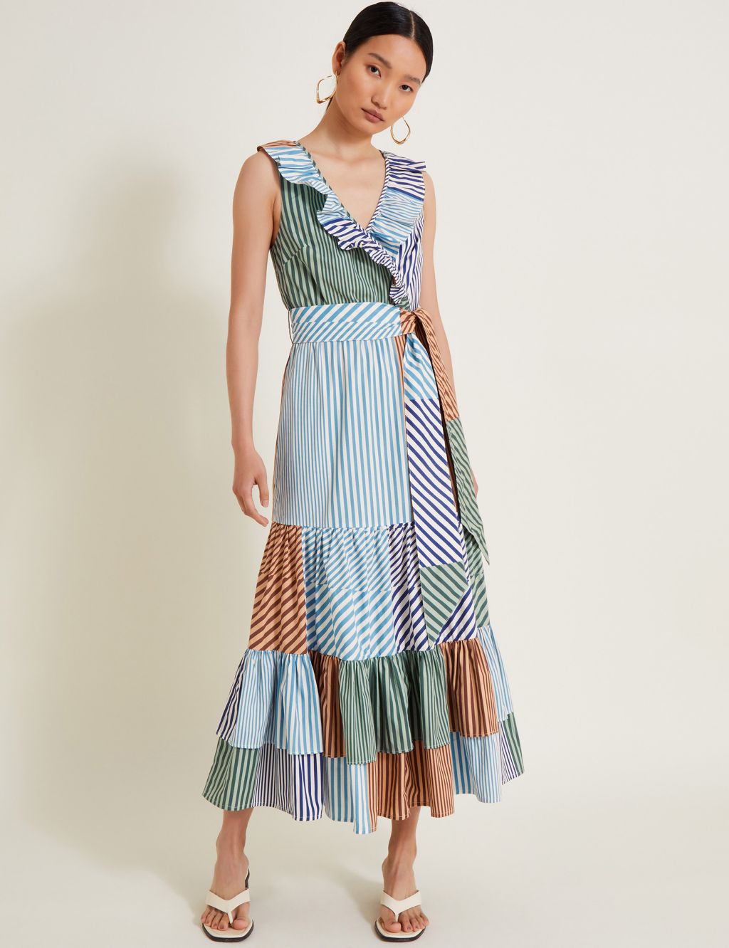Pure Cotton Striped V-Neck Midaxi Dress