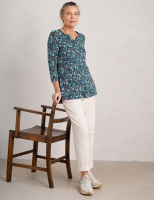 Seasalt Cornwall Womens Cotton Rich Floral V-Neck T-Shirt - 10REG - Teal Mix, Teal Mix