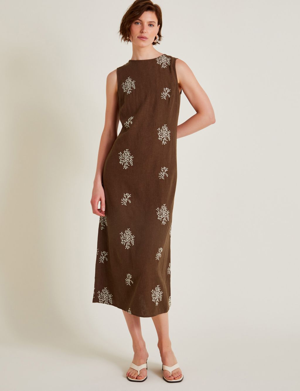 Linen Blend Embroidered Midi Column Dress