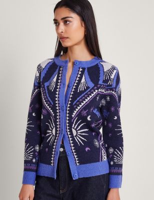Monsoon Womens Sun and Moon Patterned Crew Neck Cardigan - Blue Mix, Blue Mix
