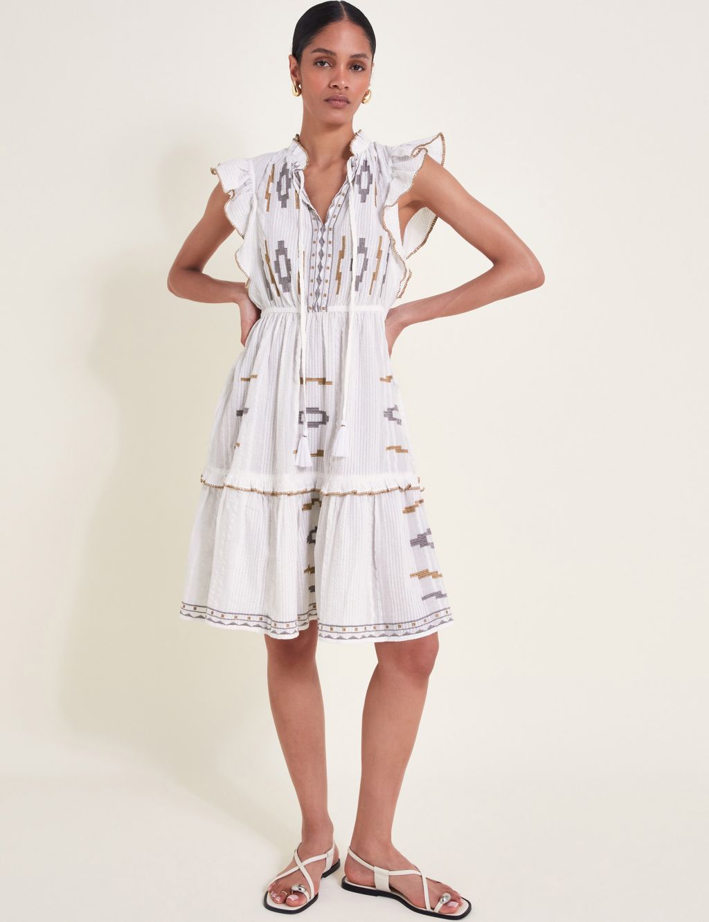 Pure Cotton Embroidered Ruffle Tiered Dress