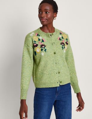 Monsoon Women's Recycled Blend Embroidered Crew Neck Cardigan - Green Mix, Green Mix