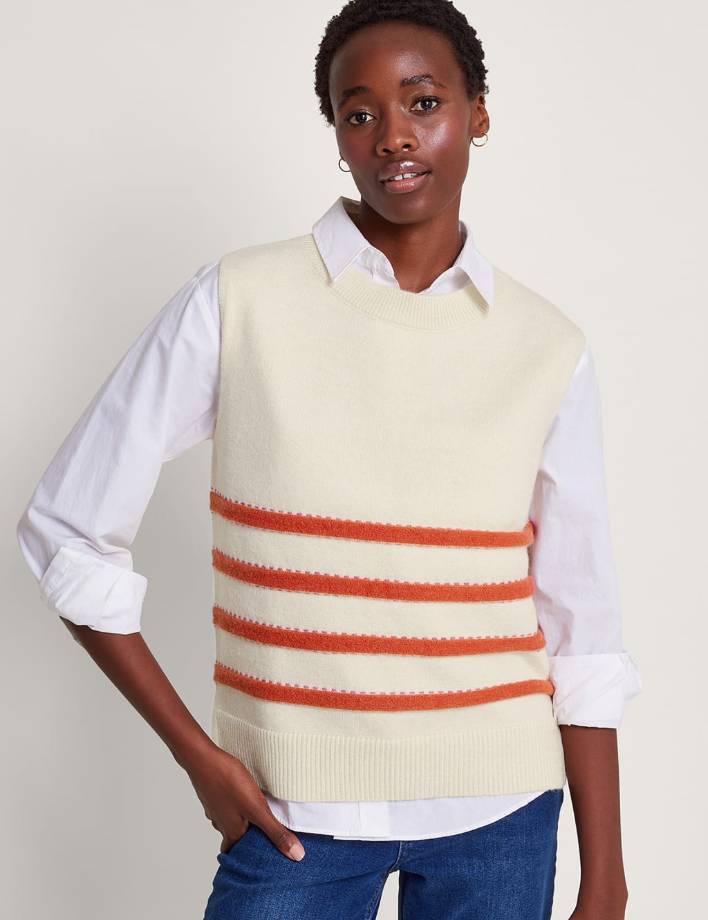 Striped Crew Neck Split Hem Knitted Vest image 1