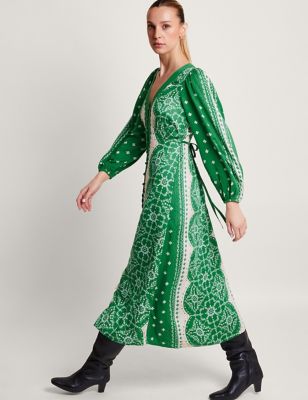 Monsoon Women's Printed V-Neck Midaxi Tea Dress - 14 - Green Mix, Green Mix