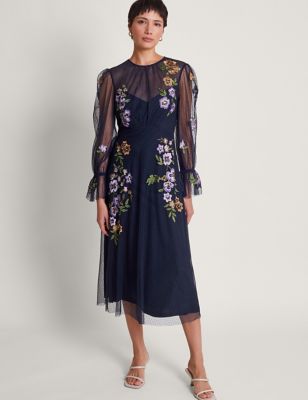 Monsoon Womens Floral Embroidered Midi Tea Dress - 8 - Navy, Navy