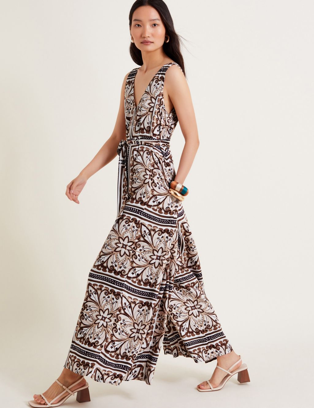 Printed Belted Sleeveless Wide Leg Jumpsuit