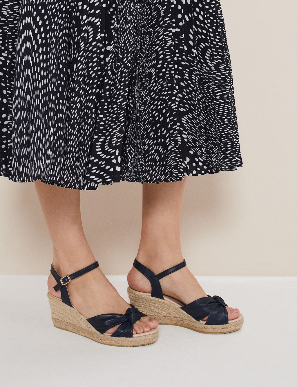 Leather Knot Ankle Strap Wedge Espadrilles