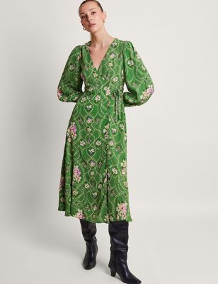 Monsoon Women's Printed V-Neck Midi Wrap Dress - 12 - Green Mix, Green Mix