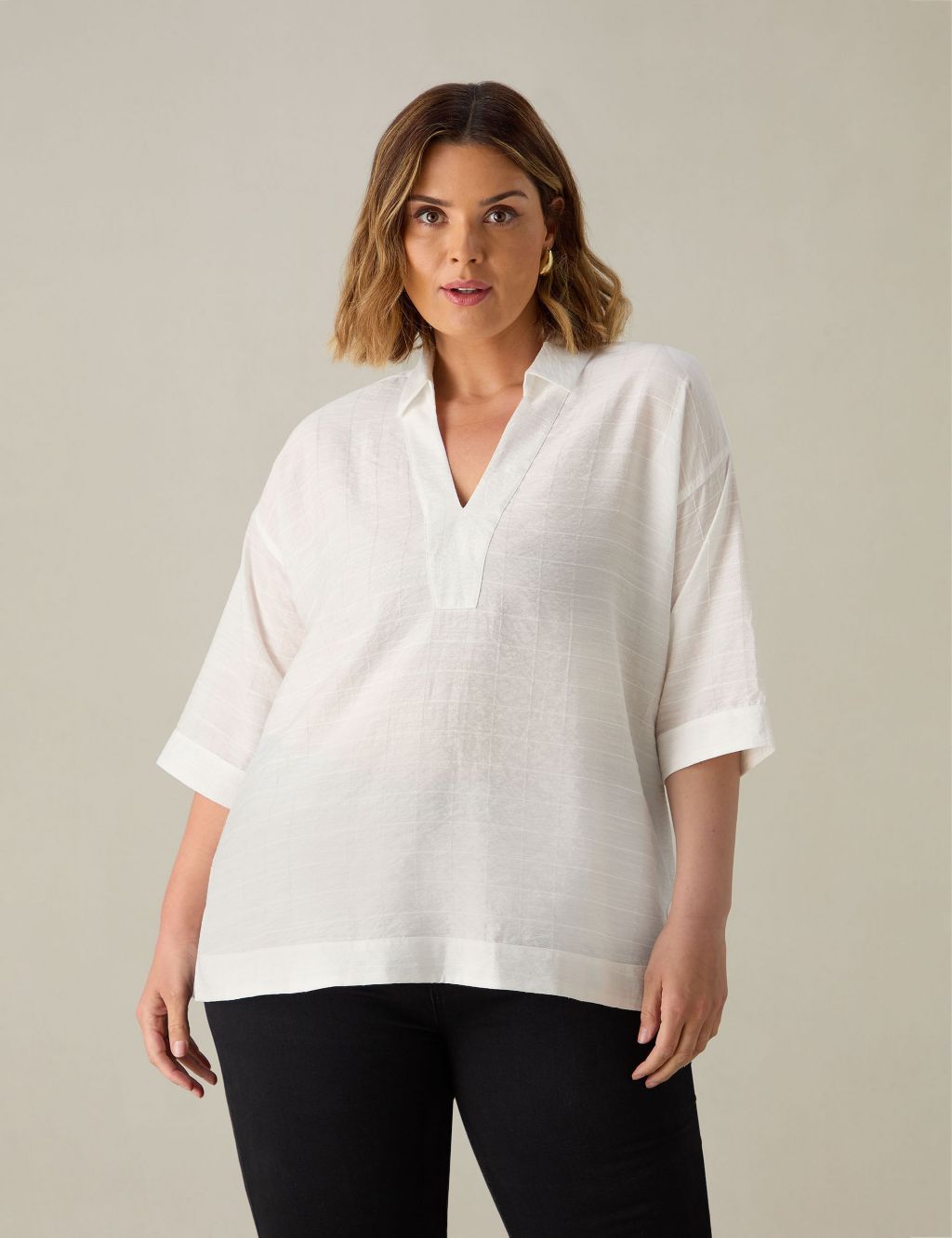 Textured Collared V-Neck Blouse