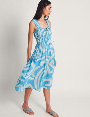 Monsoon Women's Pure Cotton Printed Square Neck Waisted Dress - Blue Mix, Blue Mix
