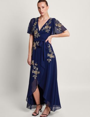 Monsoon Womens Embellished V-Neck Maxi Wrap Dress - 10 - Dark Blue, Dark Blue
