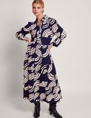 Monsoon Women's Cotton Rich Printed Tiered Maxi Dress - L - Navy Mix, Navy Mix