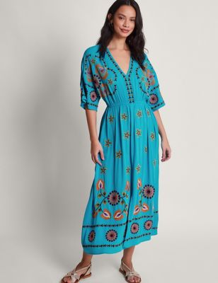Monsoon Womens Embroidered V-Neck Maxi Waisted Dress - Blue Mix, Blue Mix