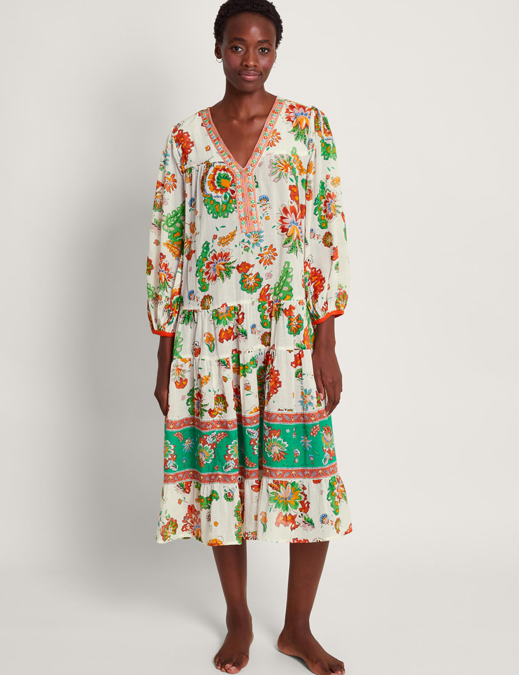 Pure Cotton Floral V-Neck Midi Kaftan Dress