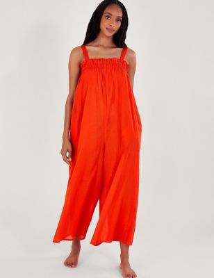 Monsoon Womens Pure Cotton Sleeveless Cropped Jumpsuit - Coral, Coral