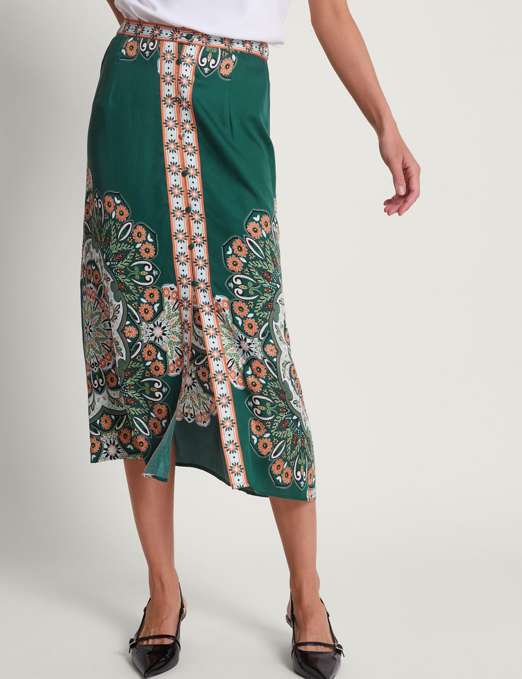 Printed Button Front Midi A-Line Skirt