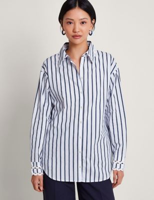 Monsoon Womens Pure Cotton Striped Collared Longline Shirt - Navy Mix, Navy Mix