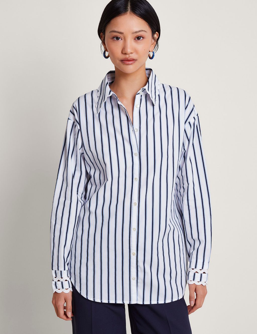 Pure Cotton Striped Collared Longline Shirt image 1