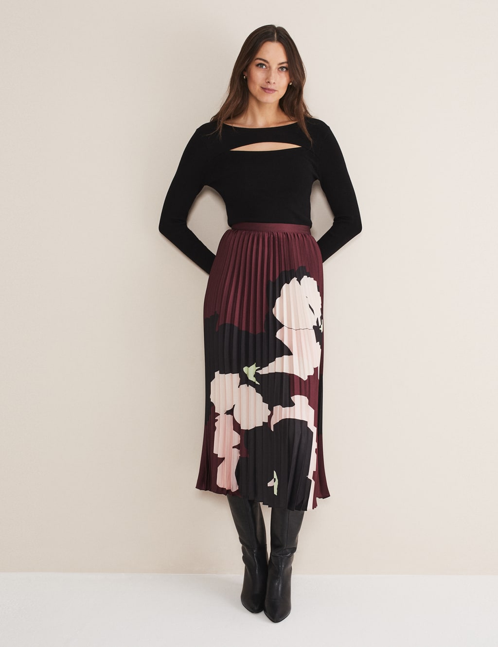 Satin Floral Pleated Midi Skirt image 1