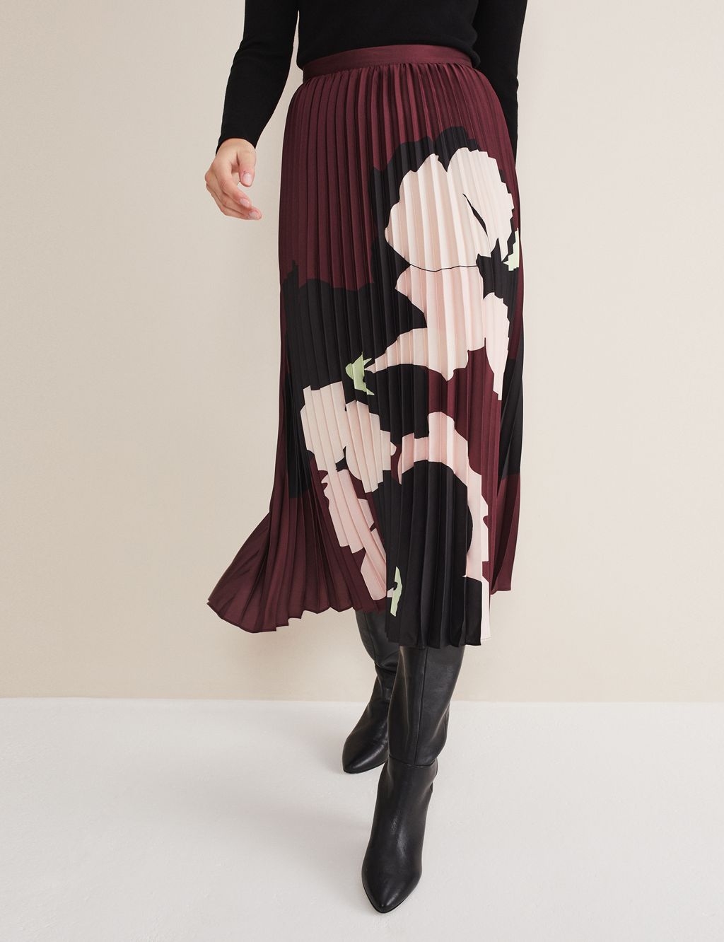 Satin Floral Pleated Midi Skirt image 2