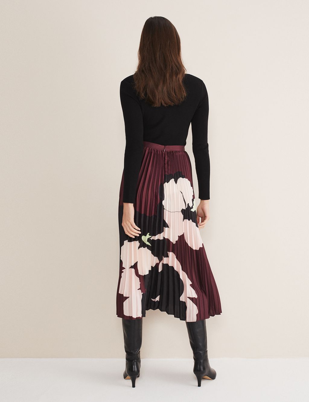 Satin Floral Pleated Midi Skirt image 4