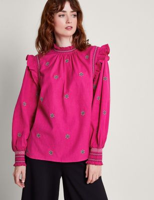 Monsoon Womens Pure Cotton Embroidered High Neck Blouse - Pink Mix, Pink Mix
