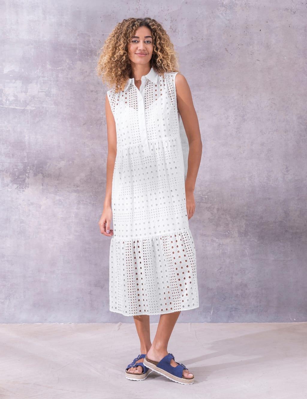 Pure Cotton Broderie Midi Shirt Dress image 1