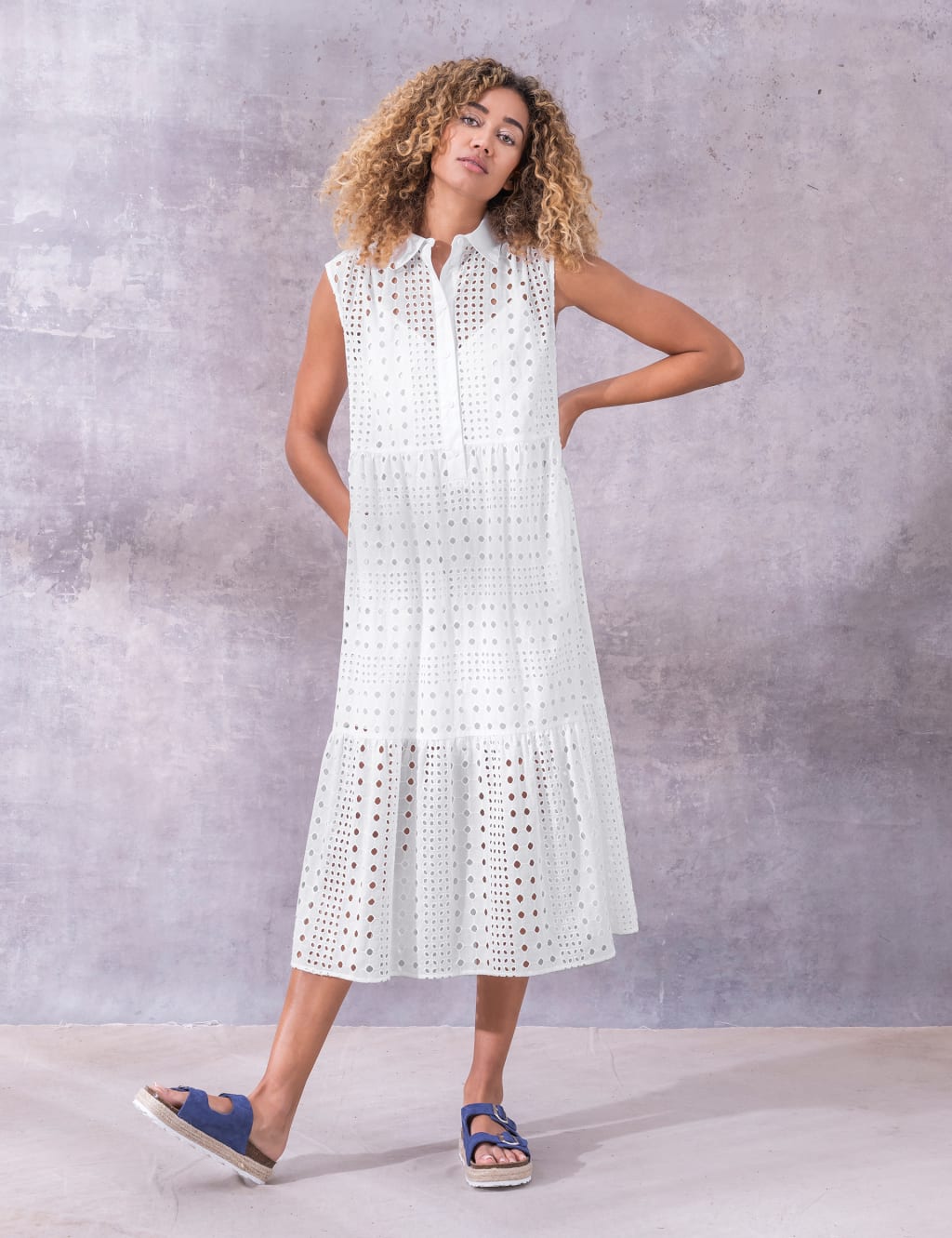 Pure Cotton Broderie Midi Shirt Dress image 2