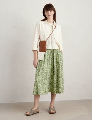 Seasalt Cornwall Women's Pure Cotton Floral Midi A-Line Skirt - 10 - Green Mix, Green Mix