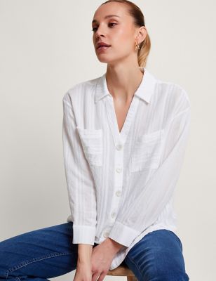 Monsoon Womens Textured Collared Notch Neck Button Through Shirt - XL - White, White