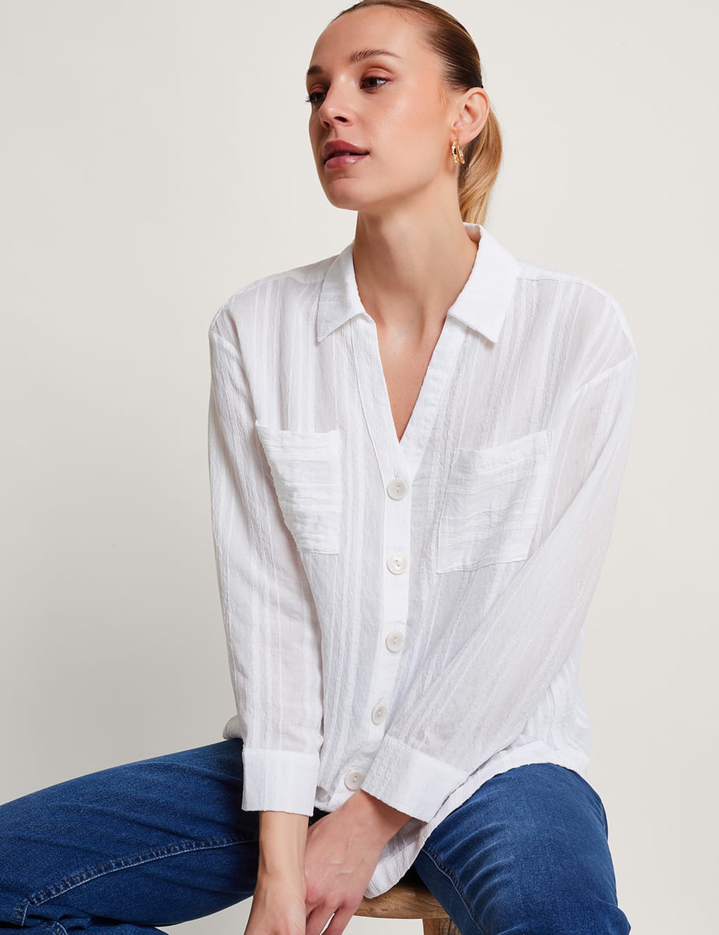 Textured Collared Notch Neck Button Through Shirt image 1