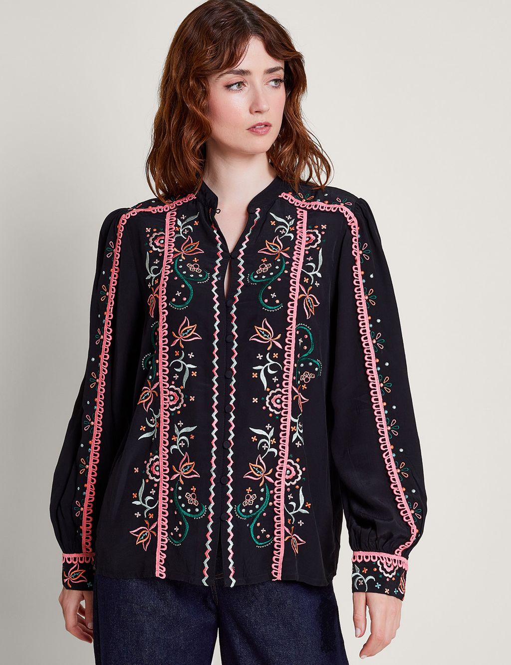 Floral Embroidered Button Through Blouse