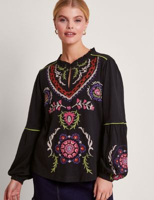 Monsoon Womens Pure Cotton Embroidered Frill Detail Blouse - Black Mix, Black Mix