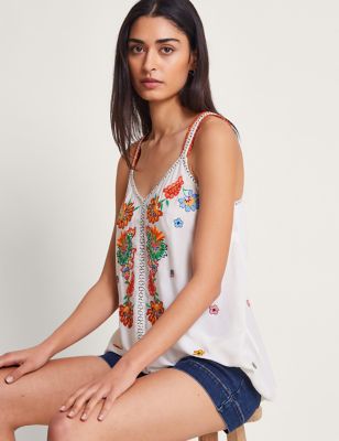 Monsoon Womens Floral Embroidered Cami Top - S - Ivory Mix, Ivory Mix
