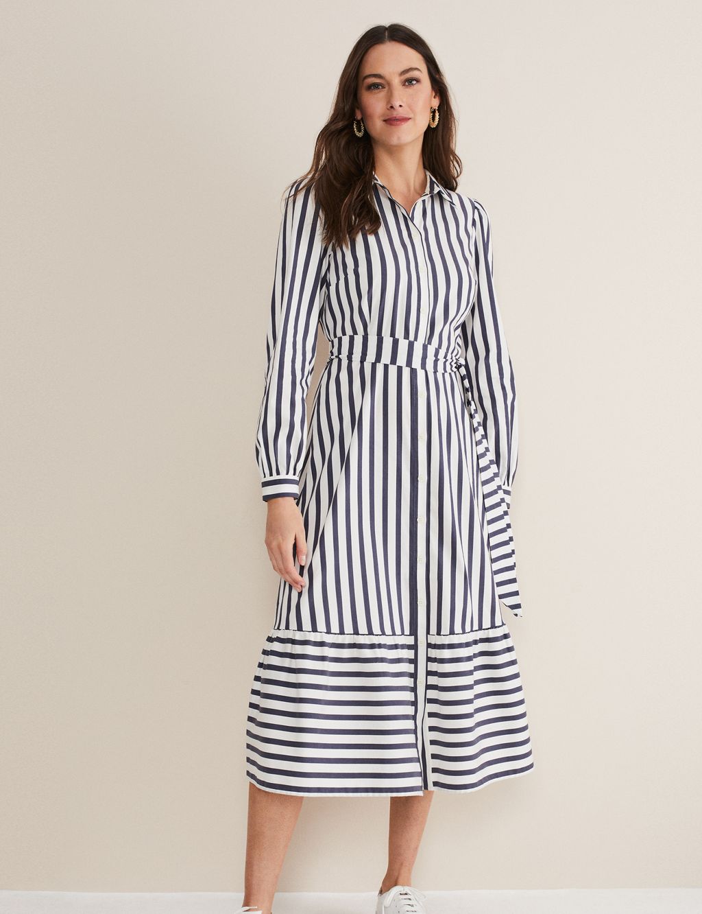 Cotton Rich Striped Belted Midi Shirt Dress image 1