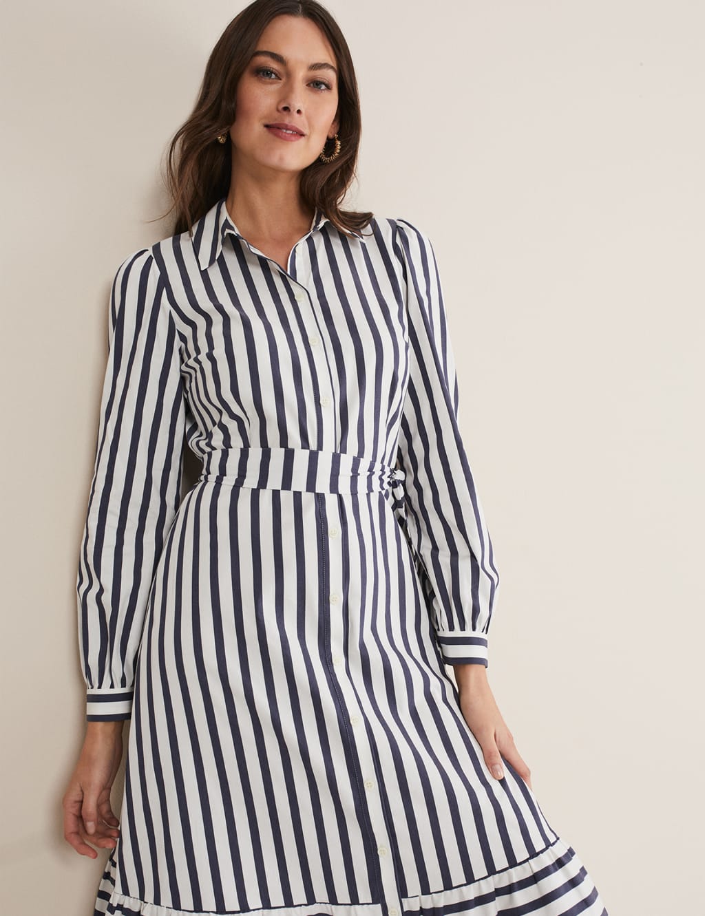 Cotton Rich Striped Belted Midi Shirt Dress image 3