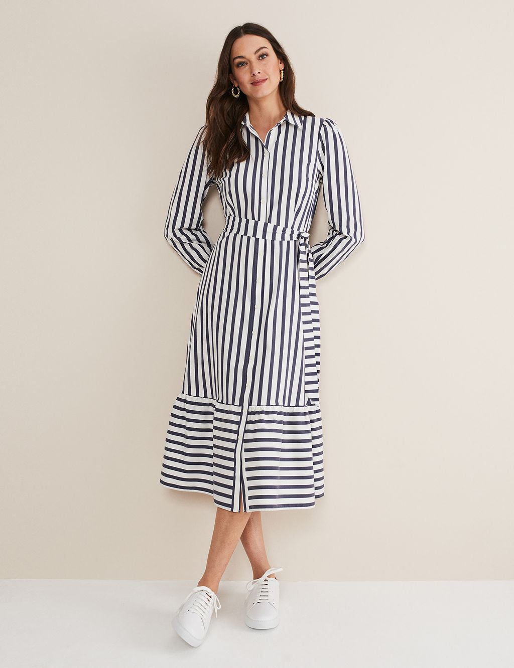 Cotton Rich Striped Belted Midi Shirt Dress image 4