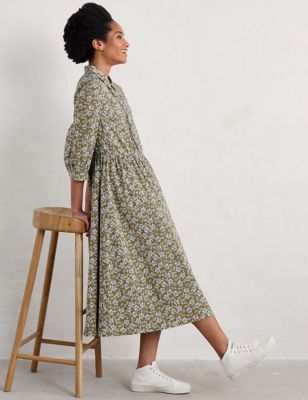 Seasalt Cornwall Women's Pure Cotton Floral Midi Waisted Dress - 24 - Green Mix, Green Mix