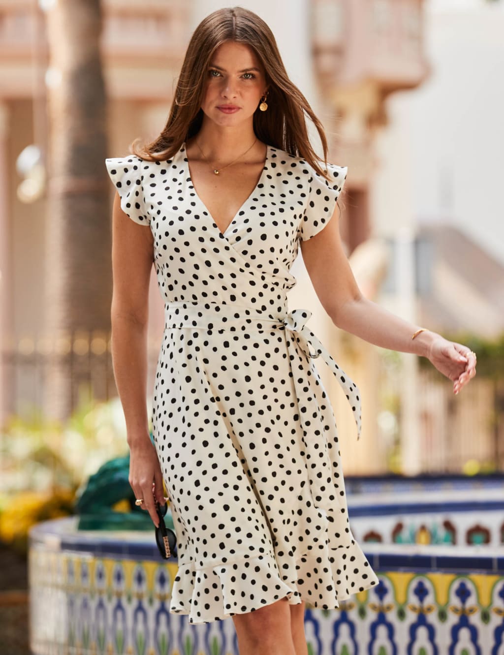 Polka Dot Ruffle Knee Length Wrap Dress image 3