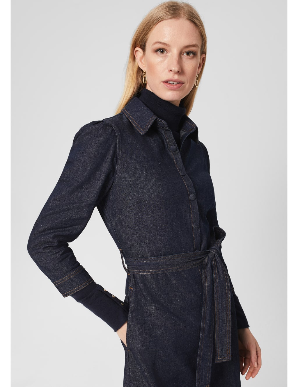 Denim V-Neck Button Front Waisted Dress image 2