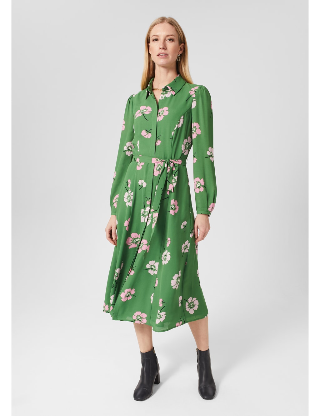 Floral Belted Midi Shirt Dress