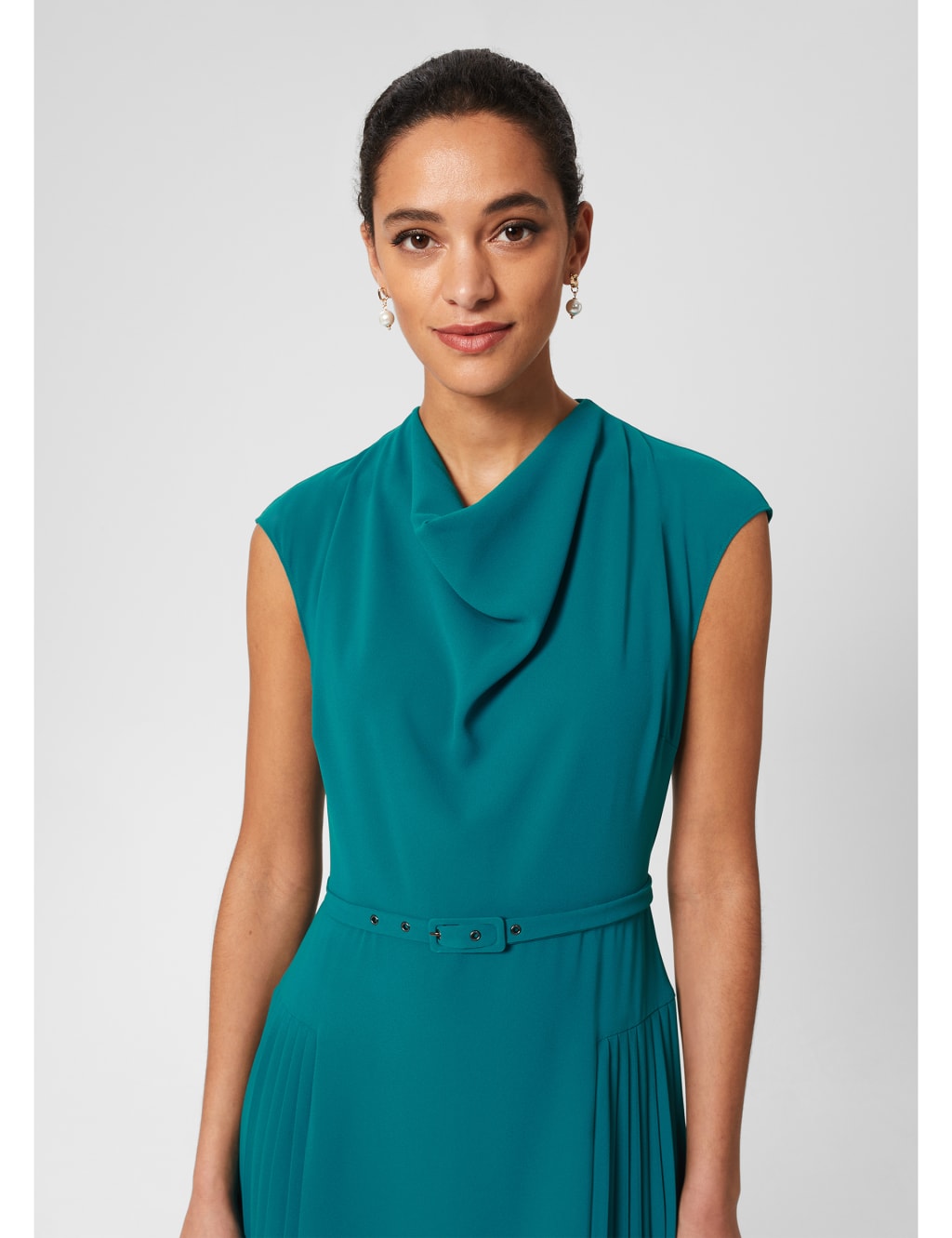 Cowl Neck Belted Midi Waisted Dress image 4