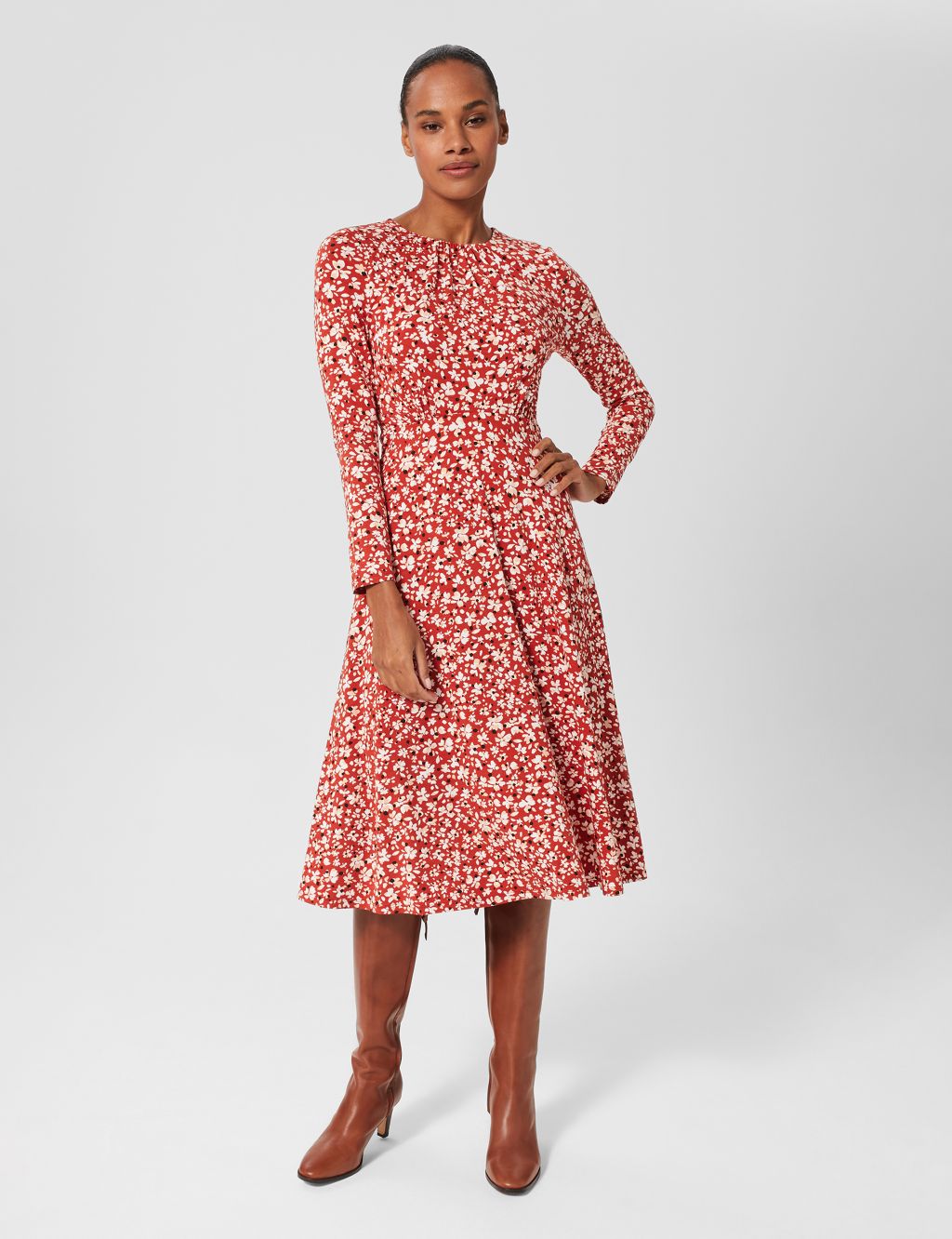 Jersey Floral Round Neck Midi Waisted Dress image 1