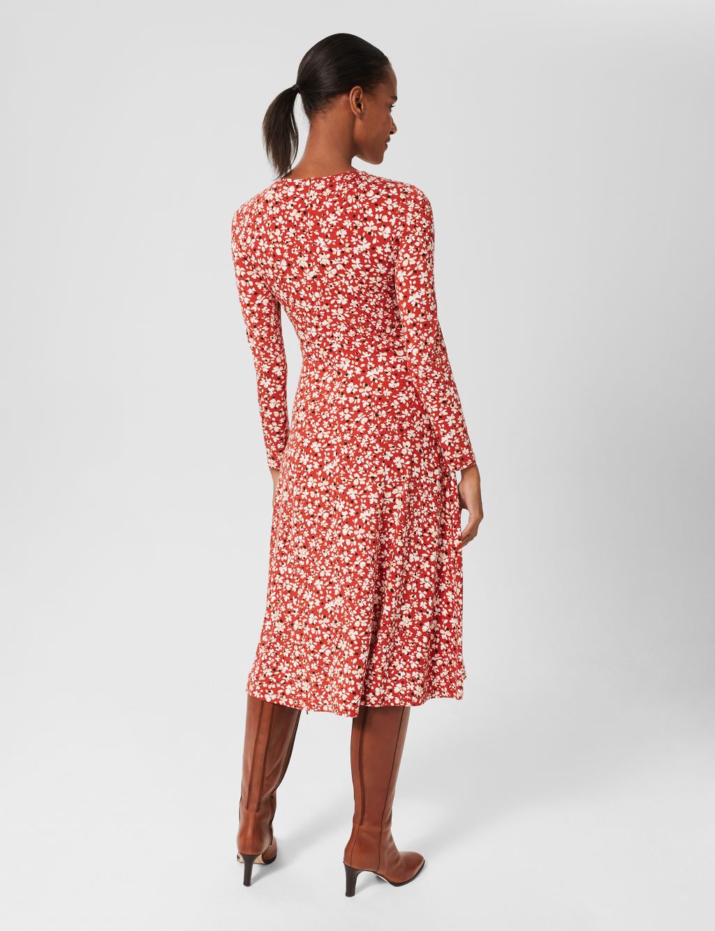 Jersey Floral Round Neck Midi Waisted Dress image 2