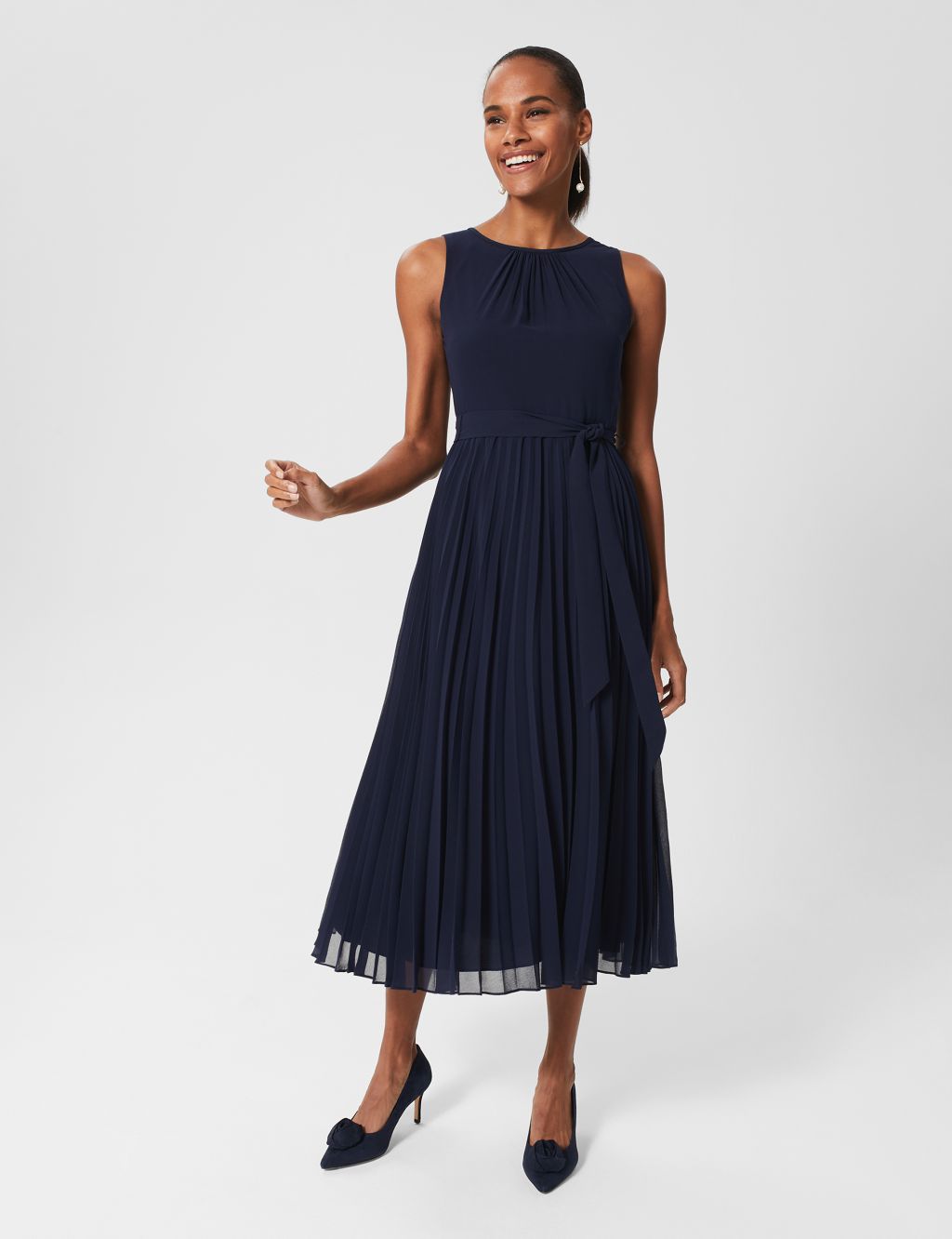 Crew Neck Belted Pleated Midi Waisted Dress image 1