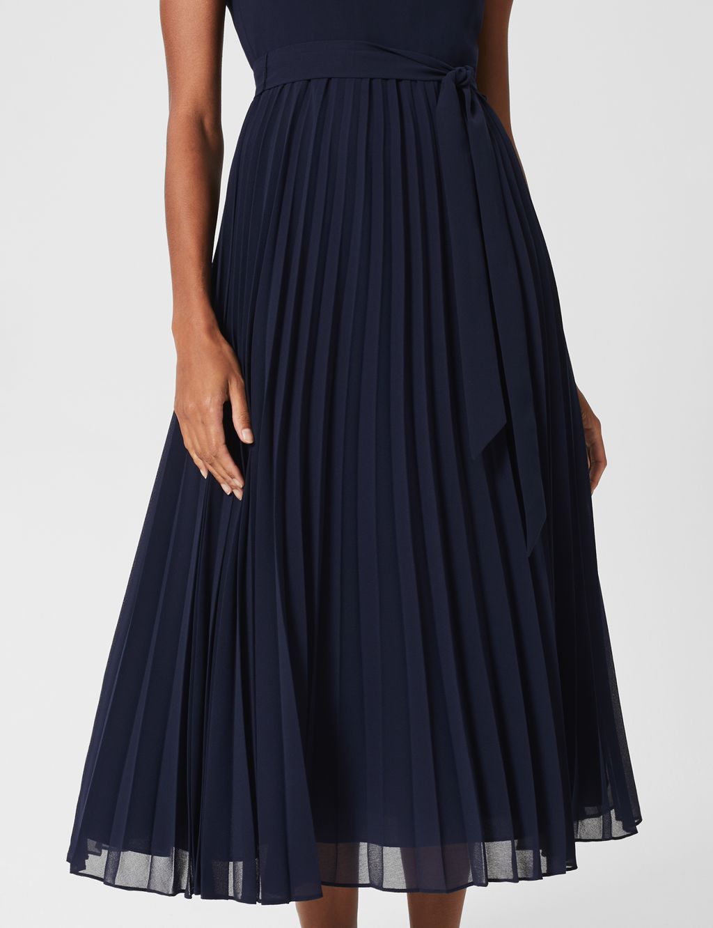Crew Neck Belted Pleated Midi Waisted Dress image 2
