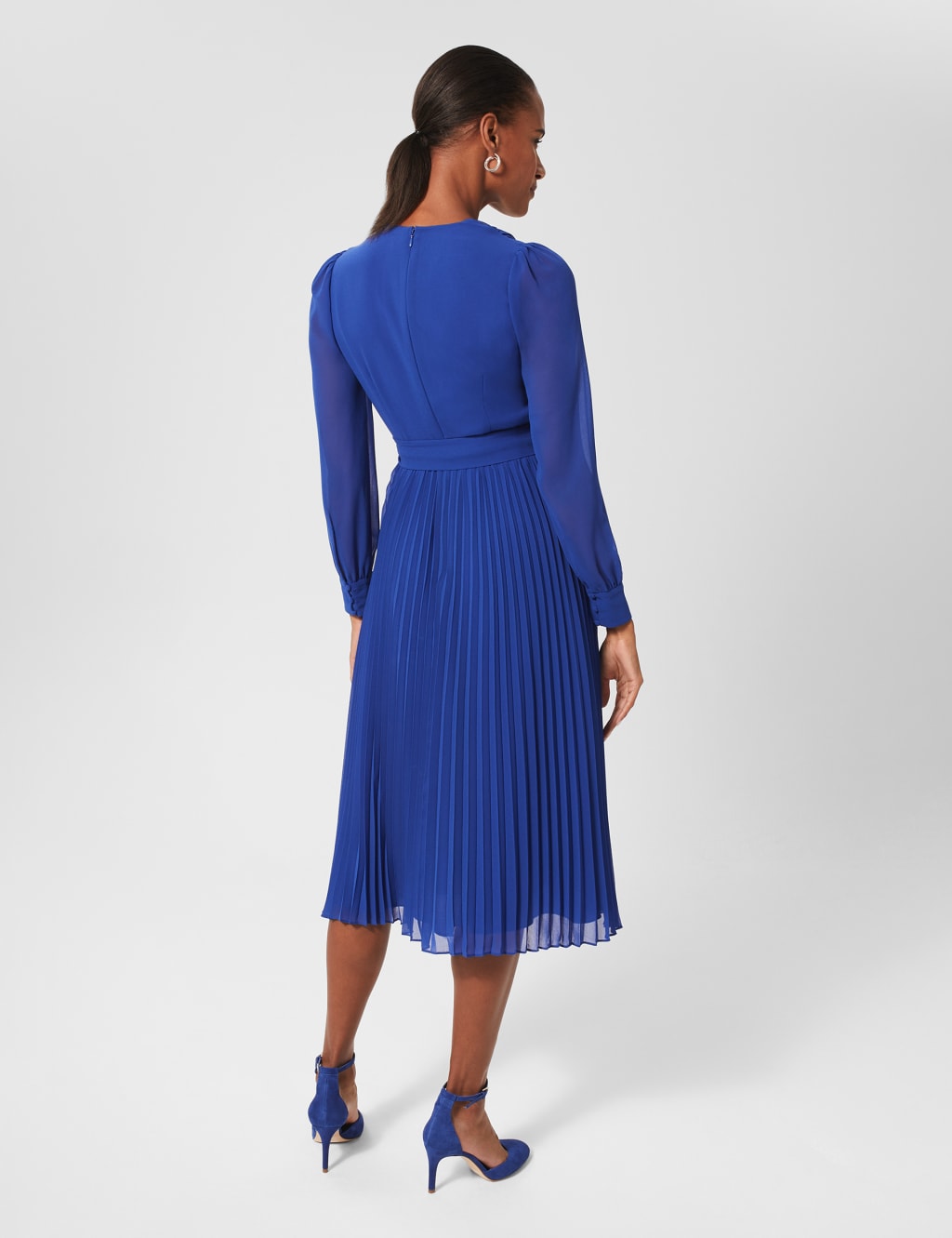 V-Neck Belted Pleated Midi Waisted Dress image 4