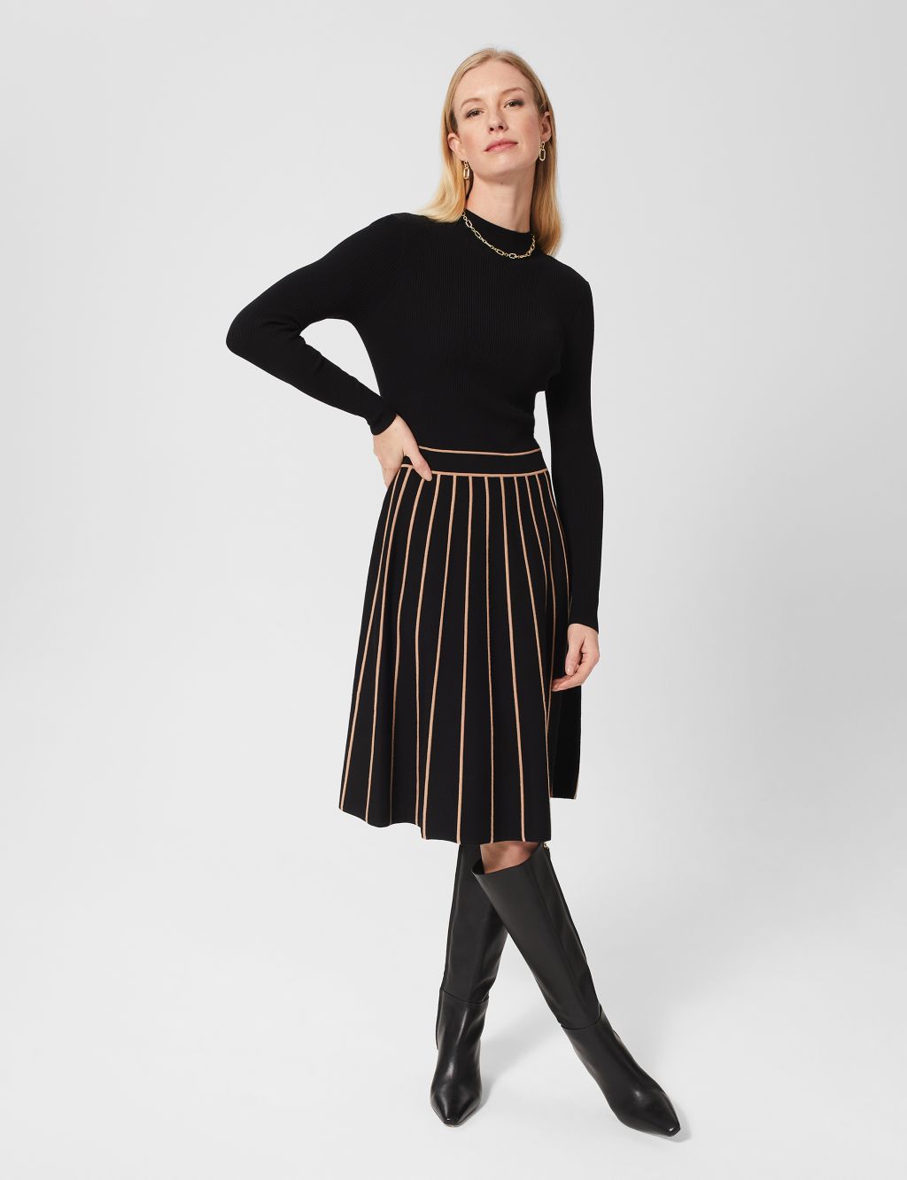 Knitted Striped Funnel Neck Waisted Dress image 1