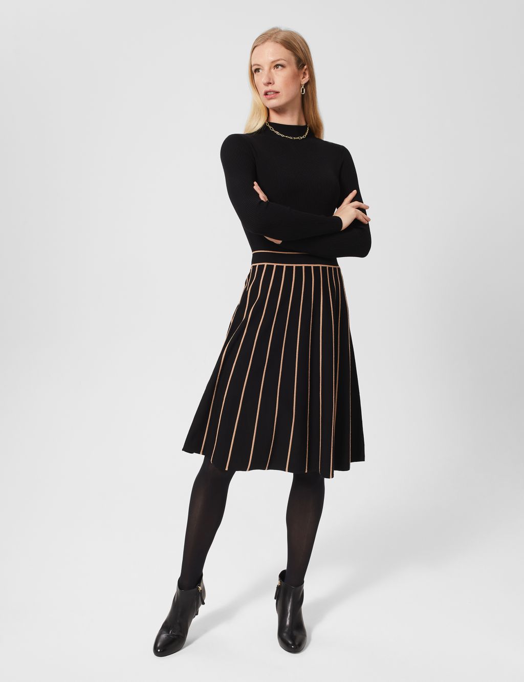 Knitted Striped Funnel Neck Waisted Dress image 2